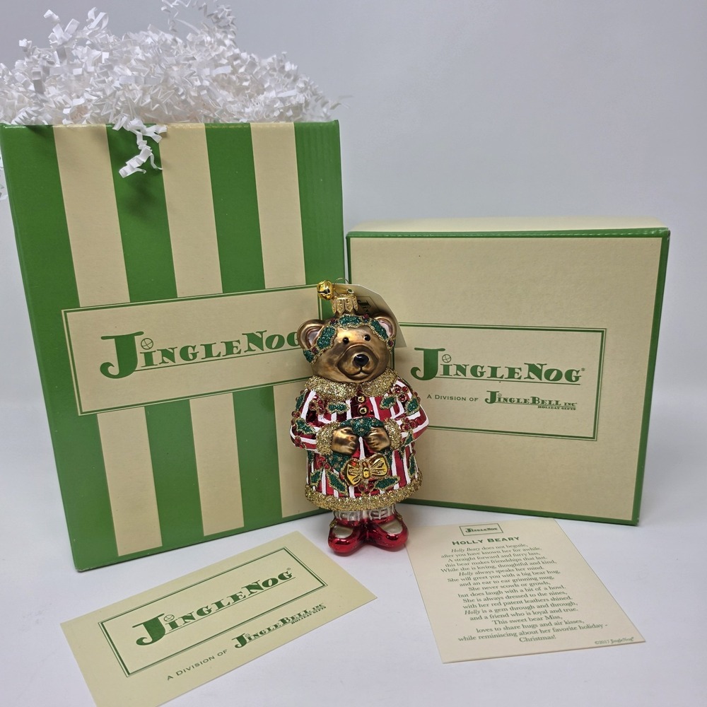 NIB JingleNog Holly Beary Ornament #80482 Hand Blown & Painted in Poland